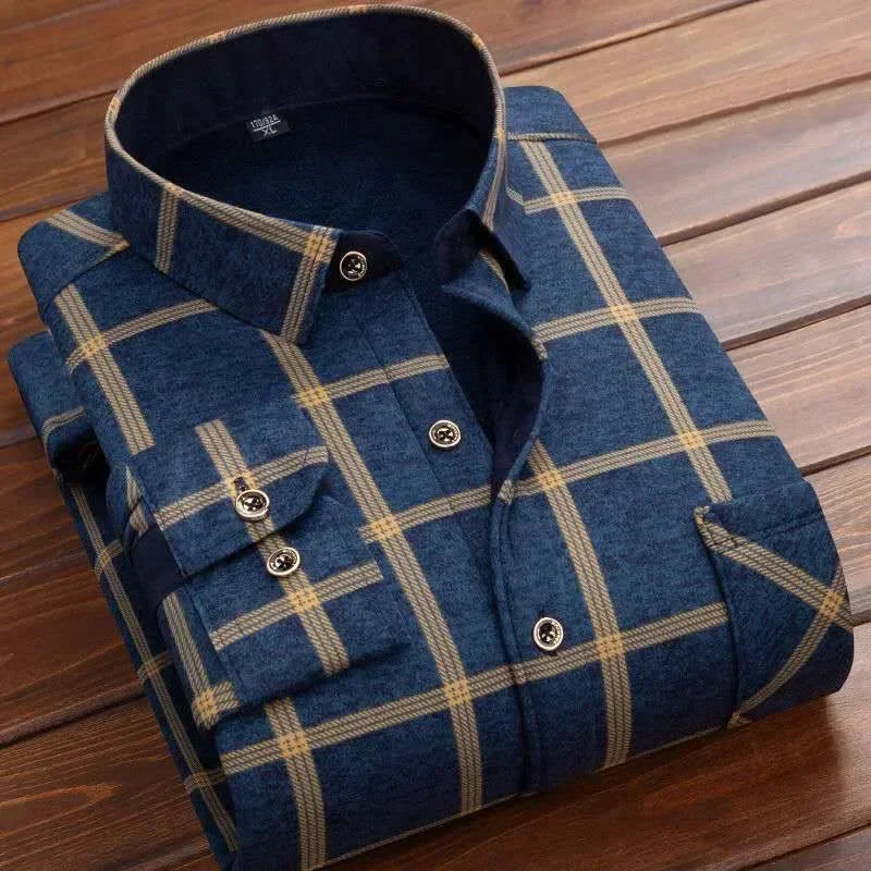 New 2025 Men's Thick Long Sleeve Shirts Fashion Casual Business Versatile Shirts Tops Men Plaid Striped Warm Shirts Camisas Male
