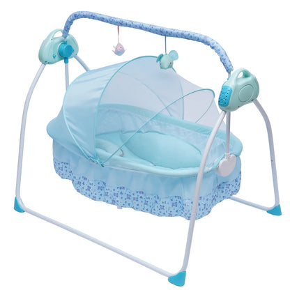 Electric Baby Crib Cradle Auto-Swing Newborn Sleep Bed Infant with Bluetooth blue with Chair + Music + Mat + Net