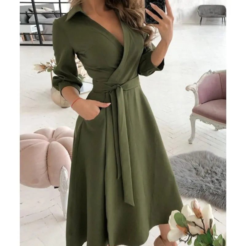 Office Women Casual Sashes A-Line Wrap Summer Dress 2025 Print Long Sleeve V-Neck Dress Pocket Elegant Midi Party Dress Vestidos