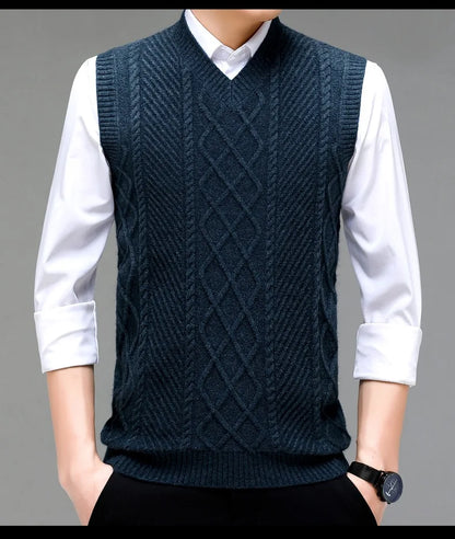 Stylish V-neck Jacquard Knit Sleeveless Sweater Vest for Men Middle-aged Men Fashion Solid Color Warm Top