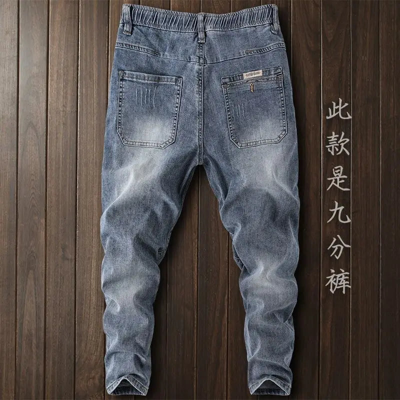 Korean Style Clothes Men's Denim Jeans with Elastic Waistband Drawstring for Washed Autumn Casual Stretch Jeans Male