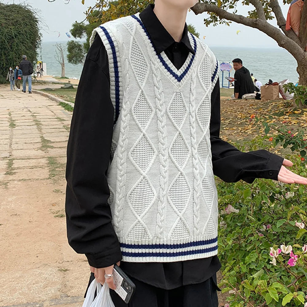 Men's Classic Contrast Color Thermal V-Neck Comfortable Cardigan Sleeveless Slight Stretch Solid Vest Simple Loose Waistcoat Tops