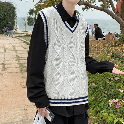 Men's Classic Contrast Color Thermal V-Neck Comfortable Cardigan Sleeveless Slight Stretch Solid Vest Simple Loose Waistcoat Tops