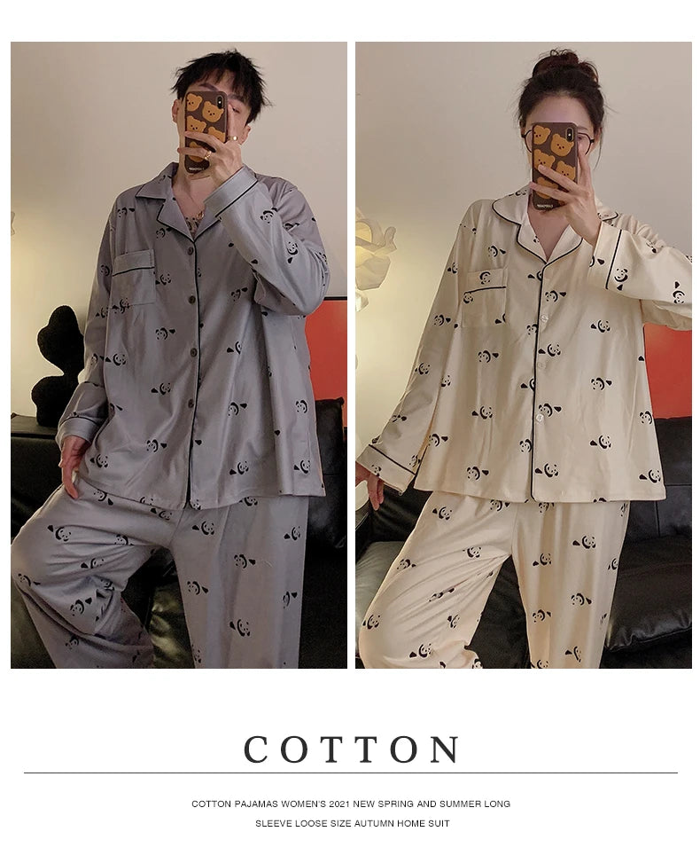 Pajama Women Pajama Man Set Cotton Plus Size Spring Autumn Long-sleeved Korean Cardigan Casual V-neck Nightwear Couple Pyjama