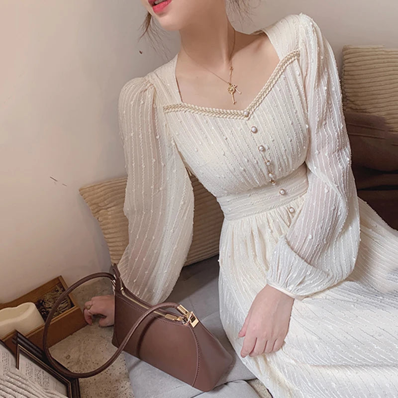 2025 Summer New Women Fashion Elegant White Midi Dresses Vintage Princess Female Party A Line Clothes Prom Robe Vestdios