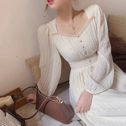 2025 Summer New Women Fashion Elegant White Midi Dresses Vintage Princess Female Party A Line Clothes Prom Robe Vestdios