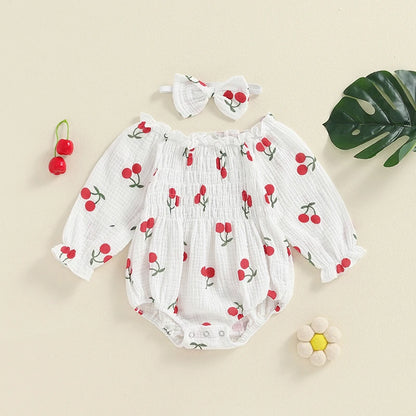 Tregren Infant Baby Girls Valentine's Day Romper Heart Print Long Sleeve Boat Neck Jumpsuits Spring Fall Bodysuits with Headband