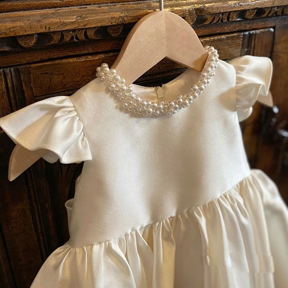 HETISO Baby Dresses for Wedding Pearl Necklace Girl Kid's Dress White Toddler Clothes Elegant Birthday Gown 1-8 Years