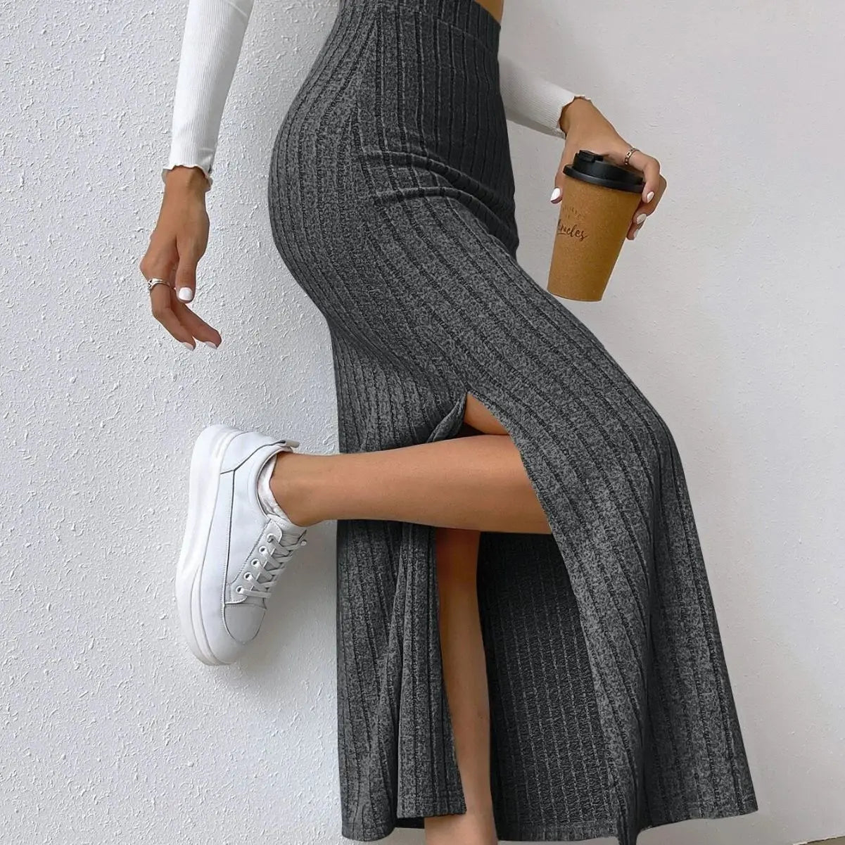 Women's Slit Knitted Skirt 2025 New Solid Color Hip-covering High Waist Side Slim Long Skirt Women's Skirt