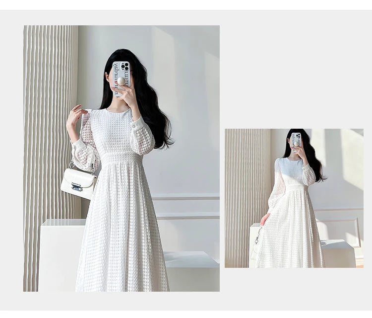 Lace Long Sleeves White Midi Dresses for Women 2025 New Autumn French Elegant Fashion Evening Wedding Party Robe Female Clothing