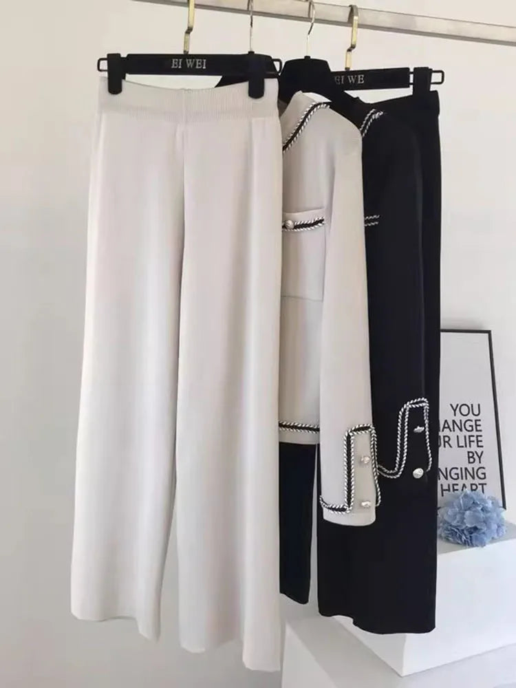 Women Casual Knitted 2 Pieces Sets Korean Cropped Knitwear Sweater Cardigan Tops Conjuntos High Waist Ankle Length Pants Suits