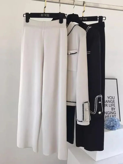 Women Casual Knitted 2 Pieces Sets Korean Cropped Knitwear Sweater Cardigan Tops Conjuntos High Waist Ankle Length Pants Suits