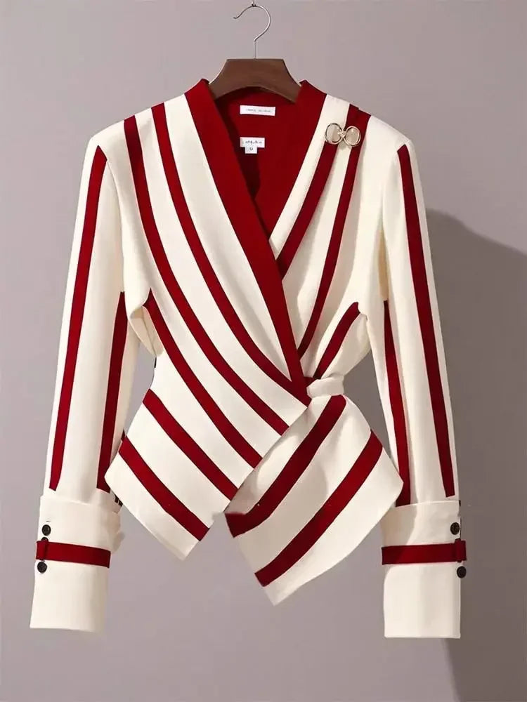 Autumn High end Luxury Long Sleeve Shirt for Women Unique Chic Korean Style V-neck Slimminng Commuter Striped Blosues Women Tops