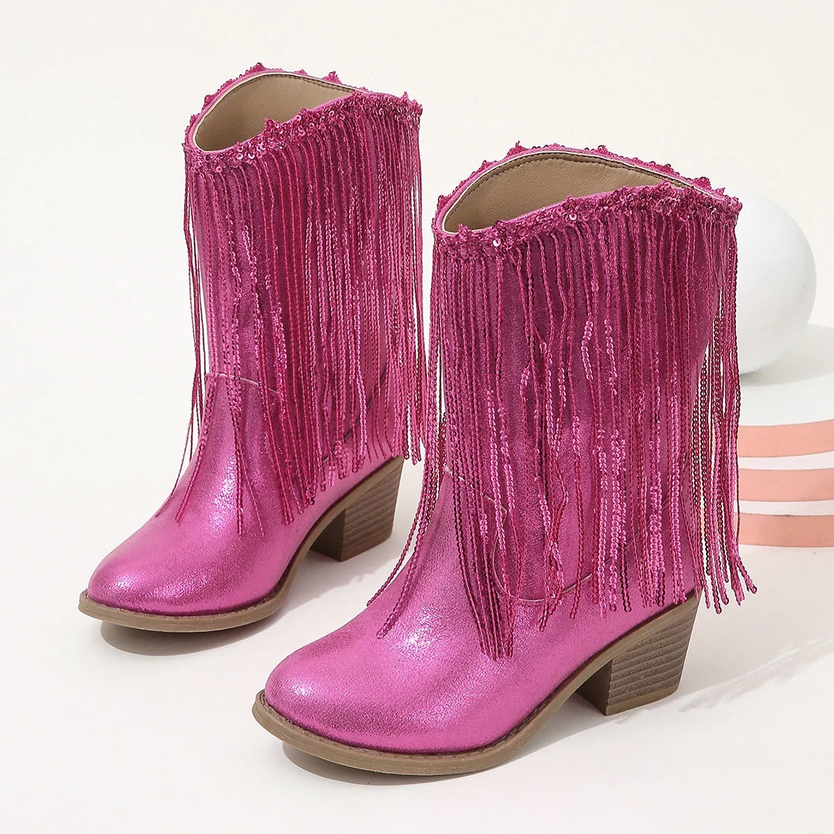 Children Boots Versatile Tassels Pink Elegant 2024 New Performance Girls Boots Low Heels Shiny Solid Color Britain Princess Boot