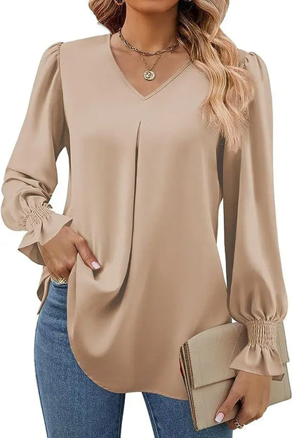 Women's New Solid Color Chiffon Shirt V-neck Pullover Flared Long Sleeved Top Shirt Office Lady Elegant Khaki Loose Blouse