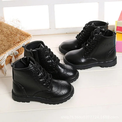 Kids Casual Boots PU Leather Black Zipper for Boys Girls Cross-tied Children Ankle High Boots Anti-skid Round Toes Soft Quality