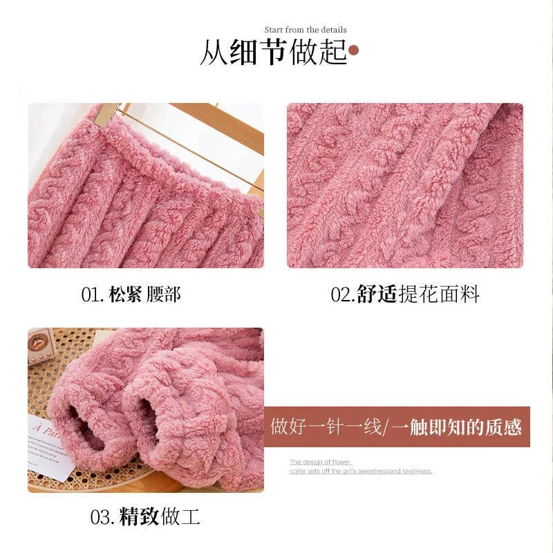 Fleece Women Pajamas Set Winter Sleepwear Solid Velvet 2 Piece Pant Home Suit Fluffy Casual Pajama Warm O-neck Night Wear