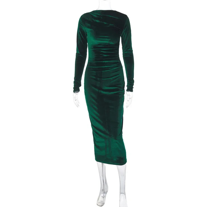 BWQ 2025 Spring Summer Velvet Long Sleeve Midi Dress For Women Ruched Long Dress Elegant Party Clothes Evening Green Outfits