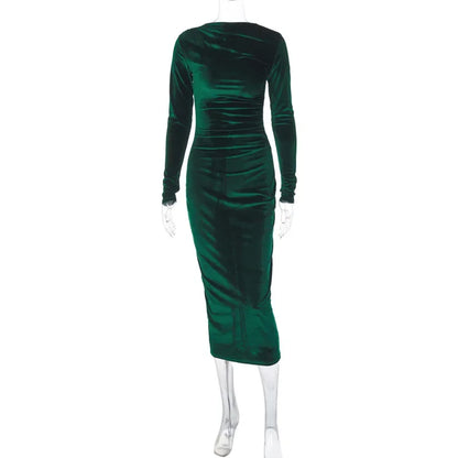 BWQ 2025 Spring Summer Velvet Long Sleeve Midi Dress For Women Ruched Long Dress Elegant Party Clothes Evening Green Outfits