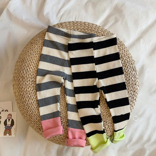 New Spring Autumn Girl Baby Fashion Striped Leggings Boy Infant Splicing Ribbed Casual Pants Newborn Cotton Trousers Kid Clothes