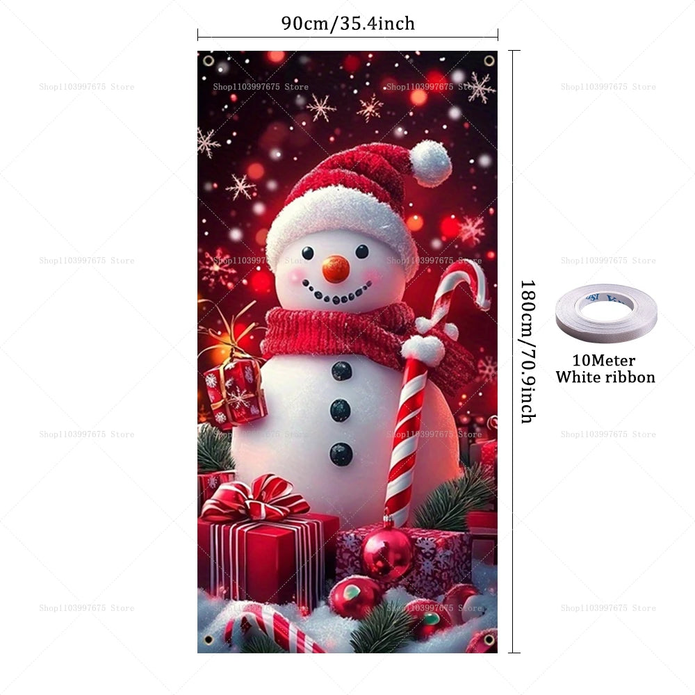 Christmas Decorations Door Cover Banner Cute Snowman Bear Gift Backdrop Xmas Party Indoor Outdoor Background Decor Supplies
