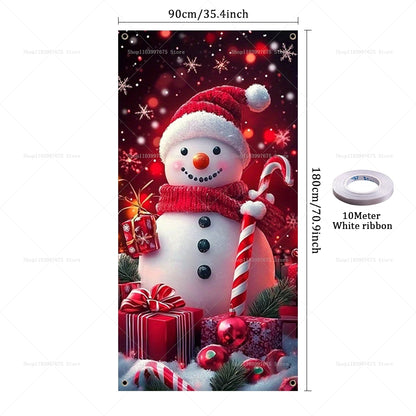 Christmas Decorations Door Cover Banner Cute Snowman Bear Gift Backdrop Xmas Party Indoor Outdoor Background Decor Supplies