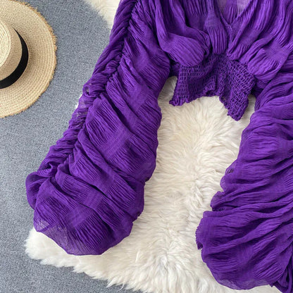 Women Sexy Chiffon Short Blouse Female See Through Super Long Sleeve Purple/Green/Black/White Folds Party Tops 2025 New