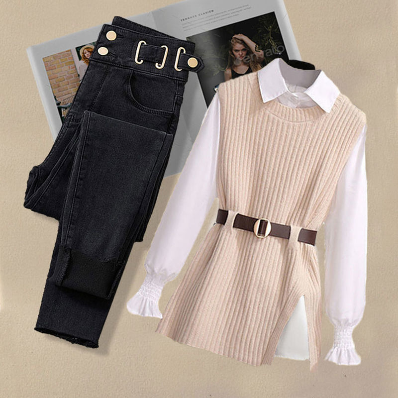 2025 Autumn Increased Size Korean Popular Chiffon Shirt Knitted Sweater Jeans Three Piece Elegant Women's Pants Set Tracksuit