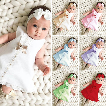 New Maxi Bow Dress+ headband Set Newborn Baby Girl Sleeveless Outfit Bowknot Ruffle Red Clothes Baby Summer Dresses For Girls