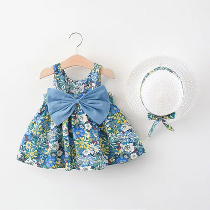2Piece Sets Summer Toddler Girl Clothes Korean Fashion Flowers Cute Bow Sleeveless Princess Baby Dresses+ Sunhat Kids Dress BC136