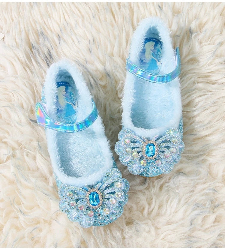 Disney Autumn Fashion Pearl Bow Rhinestone Frozen Elsa Princess Girl Shoes Flat Kids Princess Warm Winter Shoes Size 23-36