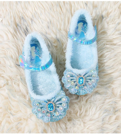 Disney Autumn Fashion Pearl Bow Rhinestone Frozen Elsa Princess Girl Shoes Flat Kids Princess Warm Winter Shoes Size 23-36