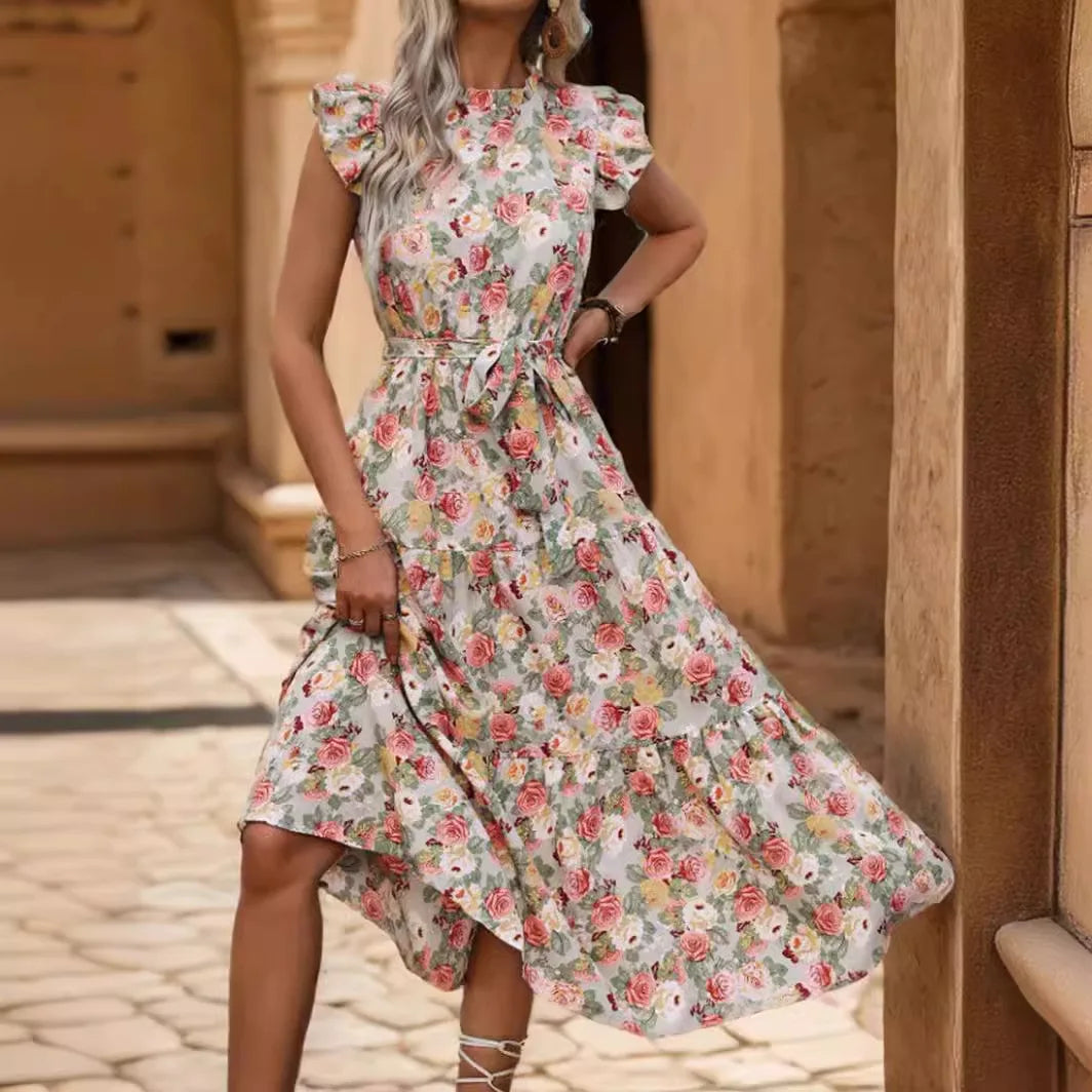 Elegant Floral Prints Dresses For Summer Women Dress 2025 New O-neck Short Flying Sleeves Lace Up High Waisted Midi Dress Woman