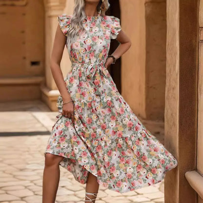 Elegant Floral Prints Dresses For Summer Women Dress 2025 New O-neck Short Flying Sleeves Lace Up High Waisted Midi Dress Woman