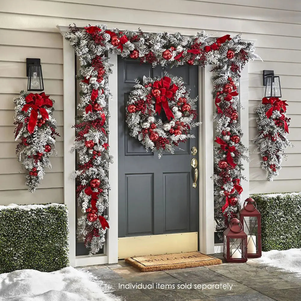 Holiday Wall Door Decoration Christmas Garland Wreath with Red Silver Christmas Ornament Balls