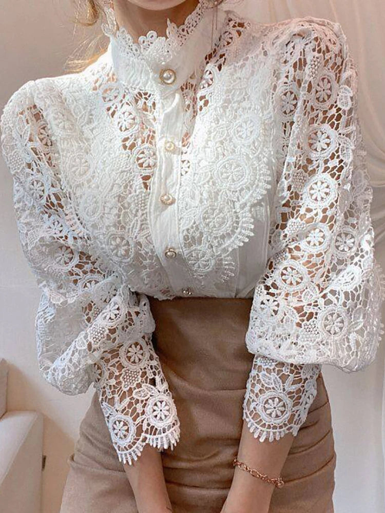 Women Chiffon Button Turtleneck Shirt Chic Elegant Floral Lace Fluffy Long Sleeve Top Fashion Hollow Oversize White Blouse 2025
