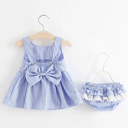 2025 Girls Cute Summer Sleeveless Dress Girl 2Pieces Sets Short Pants + Dress Set Stripe Patten for Baby 6-24M