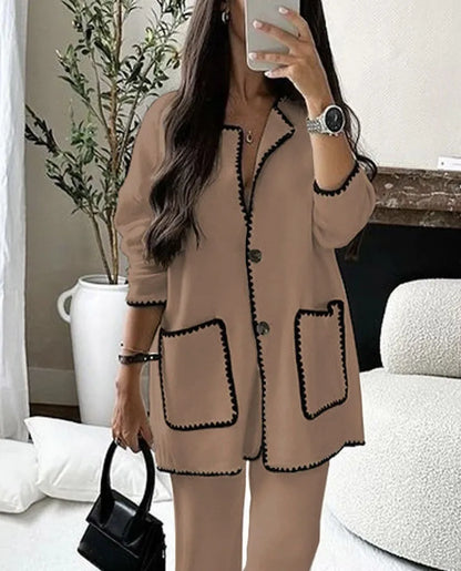 Women'sTwo Pieces Set Long Sleeve Knit Pocket Single Breasted Cardigan Suit Autumn Elegant Fashion Female Warm Street Clothes