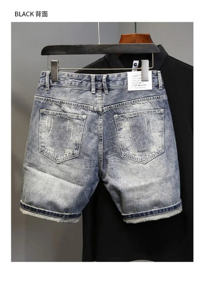 Korean Luxury Clothing Men's Summer Denim Knee Length Shorts 2025 Fashion Designer Ripped Hole Cowboy Korean Slim Short Pants