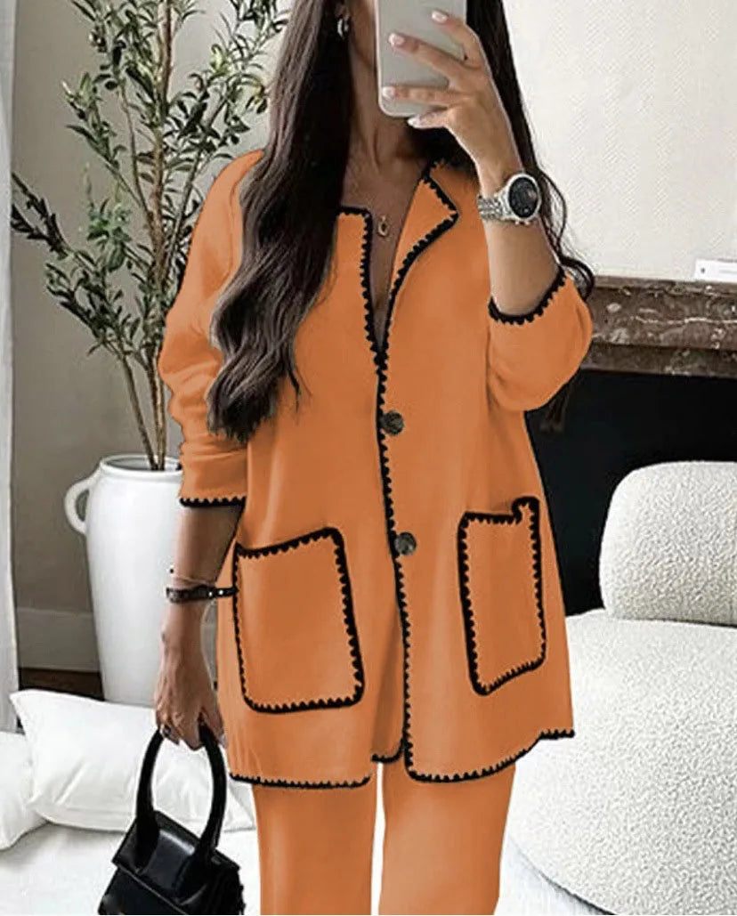 Women'sTwo Pieces Set Long Sleeve Knit Pocket Single Breasted Cardigan Suit Autumn Elegant Fashion Female Warm Street Clothes