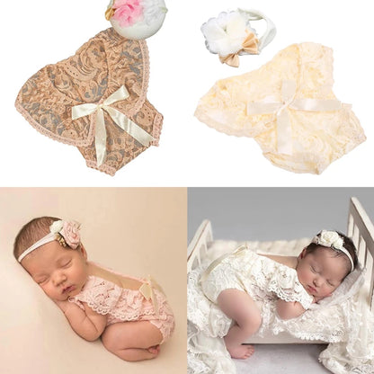 2 Pcs 0-1 Month Newborn Photography Props Baby Headband Lace Romper Bodysuits Outfit Girl Costume Photo Clothing