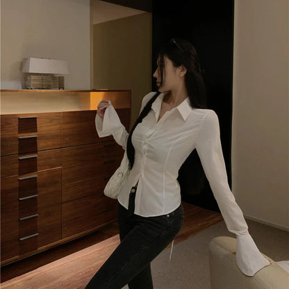 Fashion Women Bandage Shirts Korean All Match Streetwear Female Slim Blouse Spring Casual White Bell Sleeve Shirt New