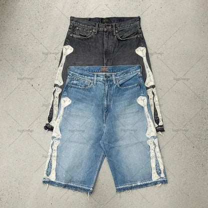 2025 European and American Summer Retro Skeleton Denim Shorts Sports Casual Shorts New Couple Wear Street Wear Five-Fifth Pants