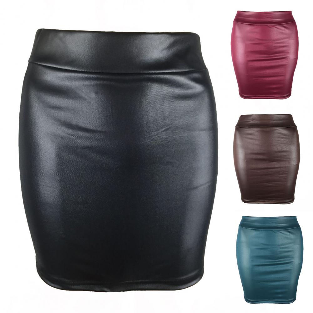 Women Mini Skirt Solid Color High Waist Slim Fit Skinny Matte Faux Leather Cozy Commuter Bodycon Skirt OL Office Pencil Skirts