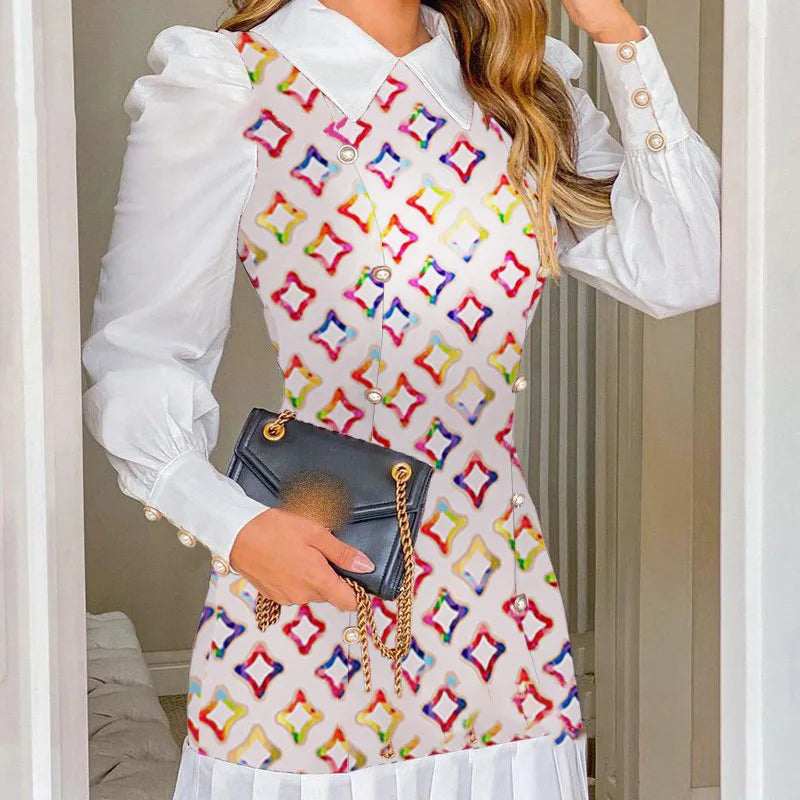 Women's Dresses 2025 Spring Fashion Houndstooth Button Decor Puff Sleeve Ruffle Hem Elegant Turn-Down Collar Daily A Line Dress