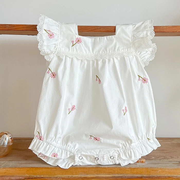 Newborn Baby Girls Jumpsuit Flying Sleeve Cotton Flower Embroidery Toddler Baby Girl Bodysuits Baby Girls Clothes For Summer