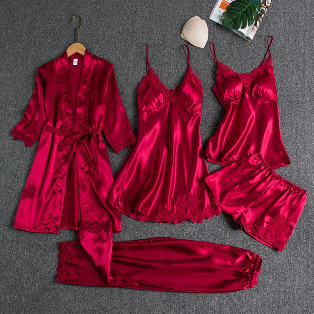5PC Silk Robe Sleep Suit Women's Lace Satin Pajamas Gown Set V-Neck Cami Nighties Wear Pajama Home Nightwear Spring Nightdress