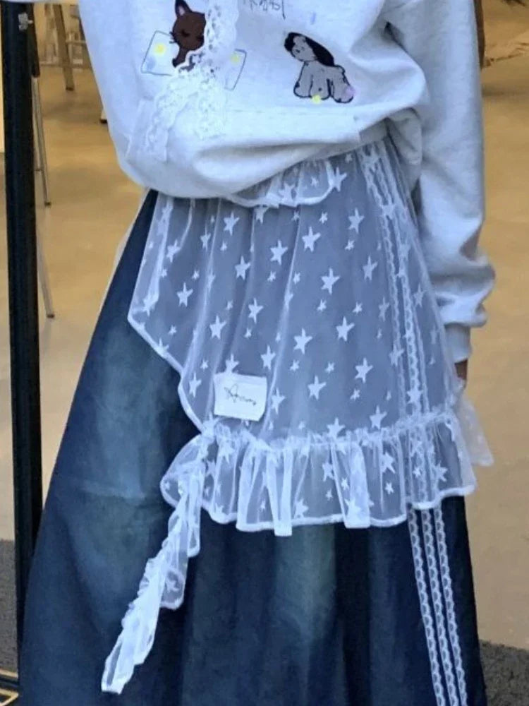 Fashion Star Gauze Sweet Irregular Chic Women Skirts Japanese Y2k Aesthetic Split Skirt Vintage Casual Lace Ruffled Fairy Faldas