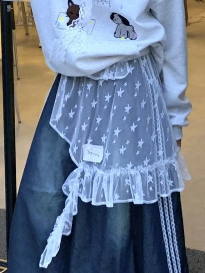 Fashion Star Gauze Sweet Irregular Chic Women Skirts Japanese Y2k Aesthetic Split Skirt Vintage Casual Lace Ruffled Fairy Faldas