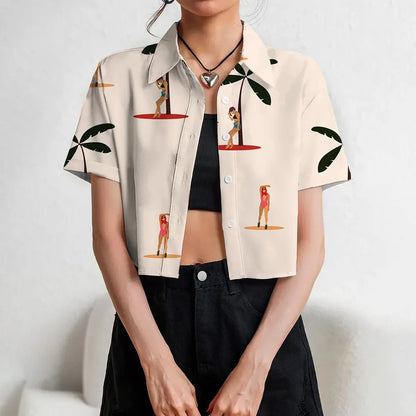 Women's Lapel Button Tank Tops Shirts Summer Casual Short Sleeve Shirts 3D Cherry Printed Women's Clothing Navel Exposed Shirts